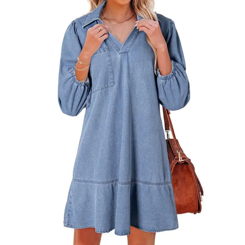 V Neck 3/4 Puff Sleeve Jean Dresses