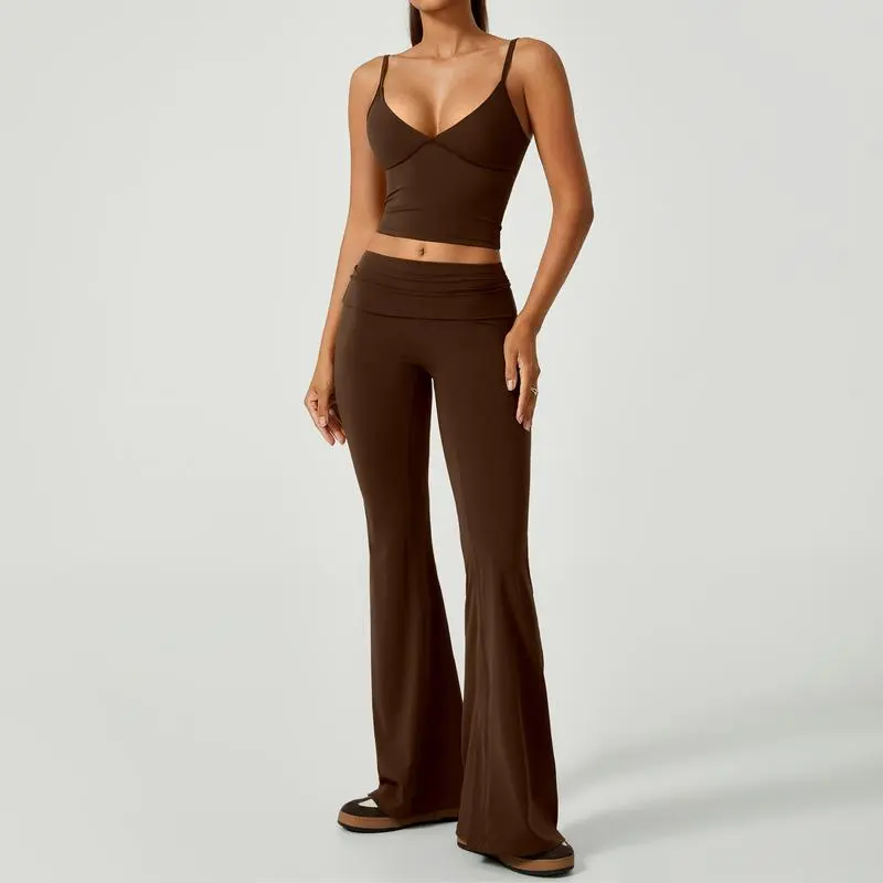 Women's 2-Piece Deep V Crop Cami & Flared Pants Set