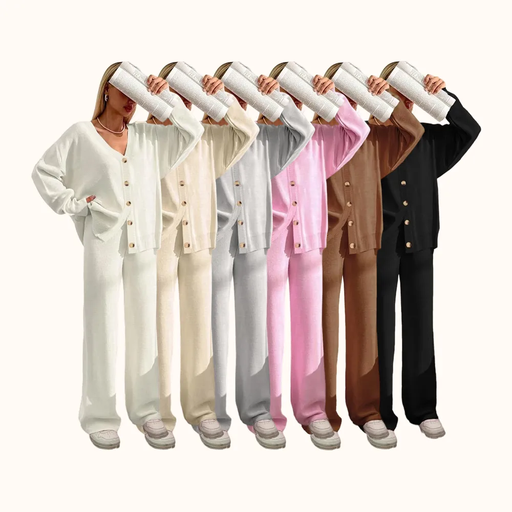 Women's Solid Button Front Drop Shoulder V Neck Cardigan & Elastic Waist Wide Leg Pants Two-piece Set, Matching Clothing Set