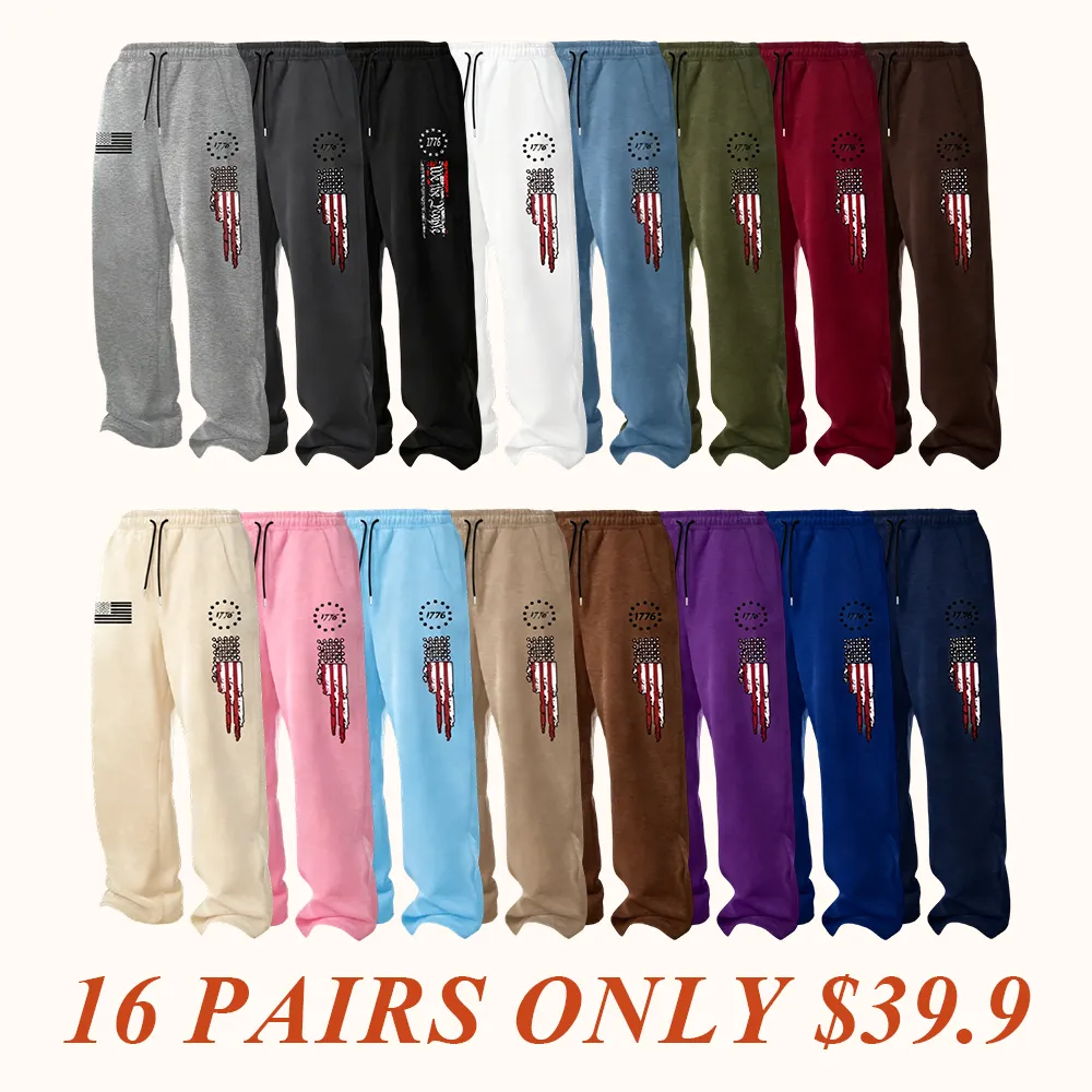 Men's Spring Autumn Classic Flag Print Casual Fitted Pants Set, Drawstring Waist Athleisure Straight Leg Long Trousers