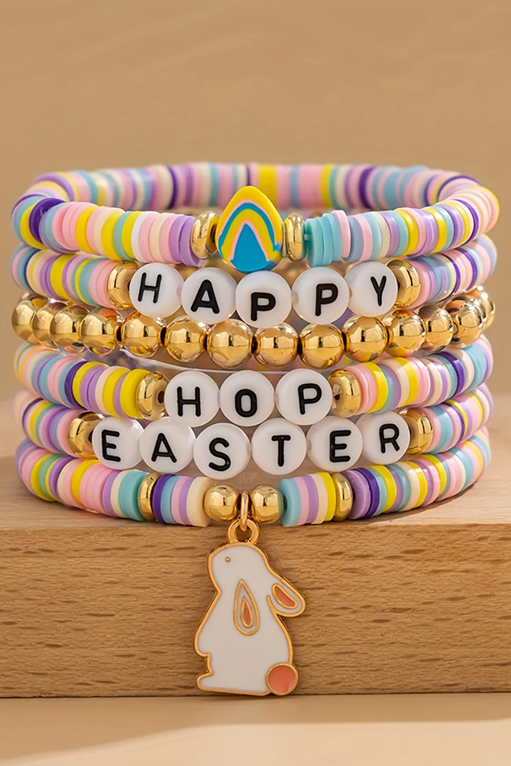 Gold Happy Easter Letter Beaded Elastic Multi Layer Bracelet