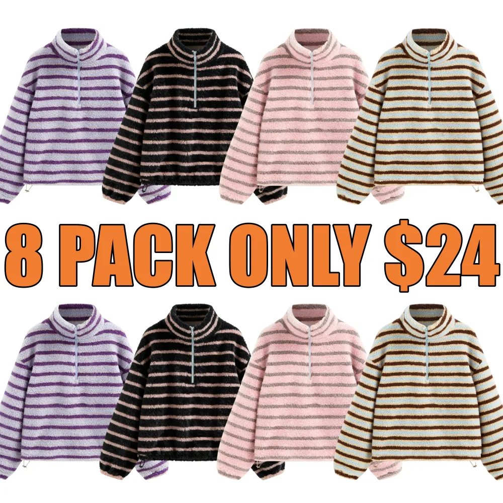 Fleece Stripe Stand Collar Drawstring Half Zip Oversized Sweatshirt