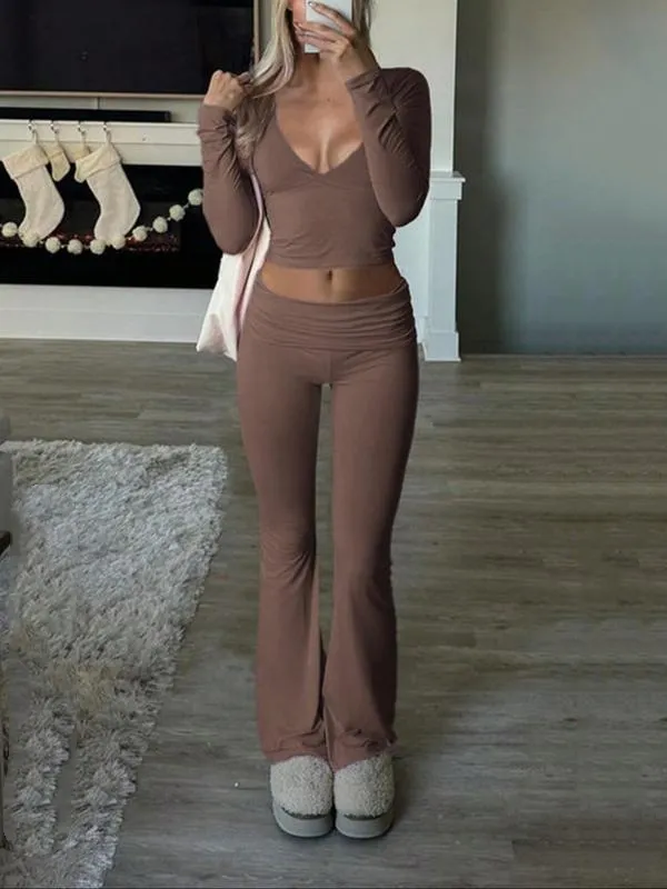 Elegant Casual V-Neck Long Sleeve Basic Two-Piece Outfit Set