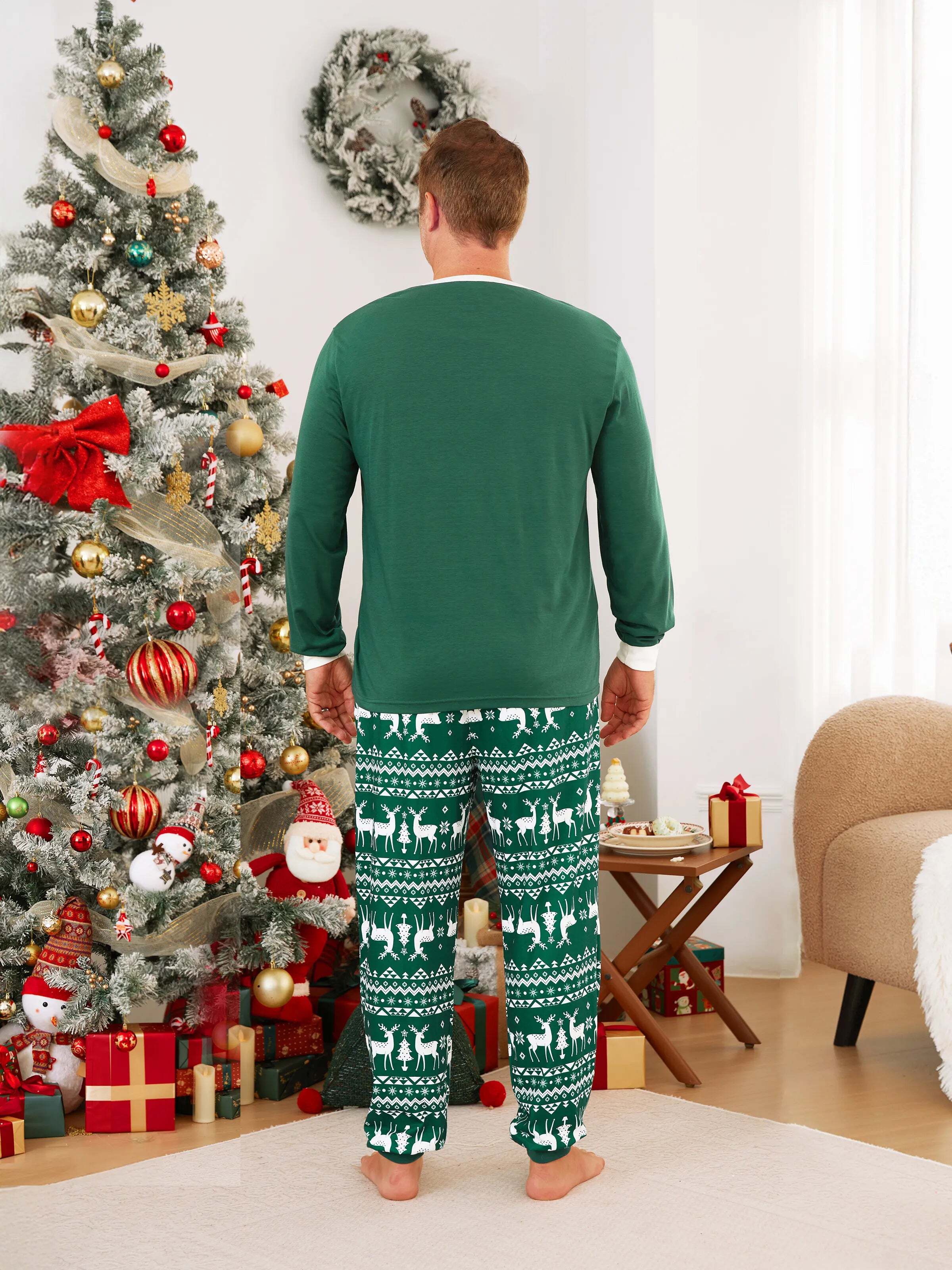 Christmas Family Matching Glow in the Dark Reindeer Tops Allover Pattern Pants Pajamas Sets with Christmas Socks blackishgreen