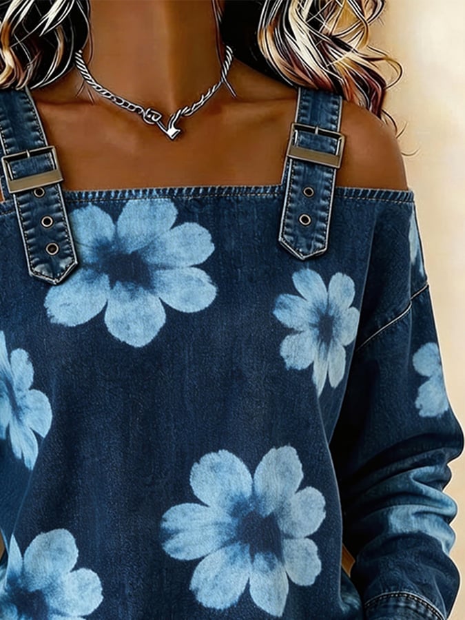 Women's denim casual printed off-shoulder top