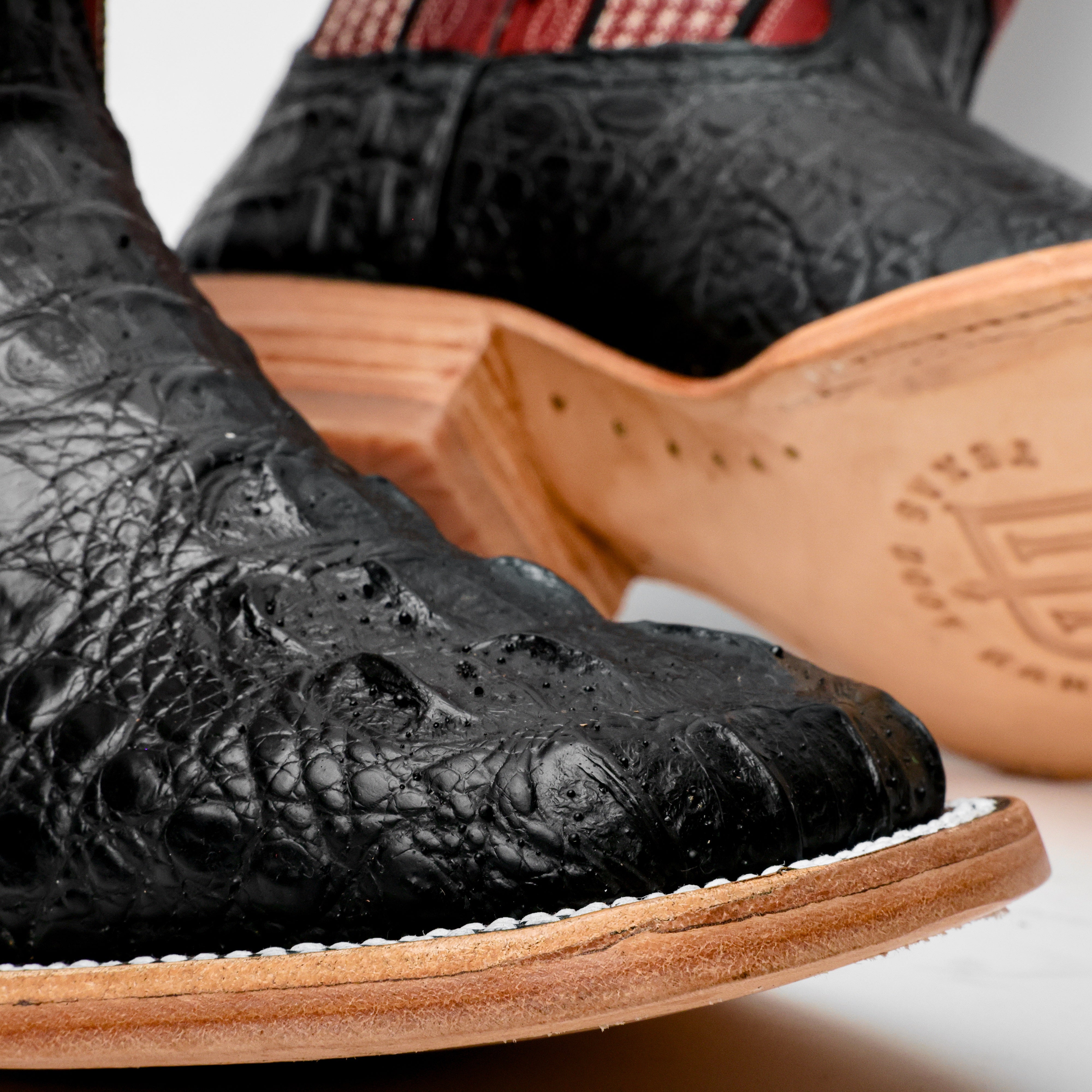 Black Caiman Neck Leather Boots - Square Toe