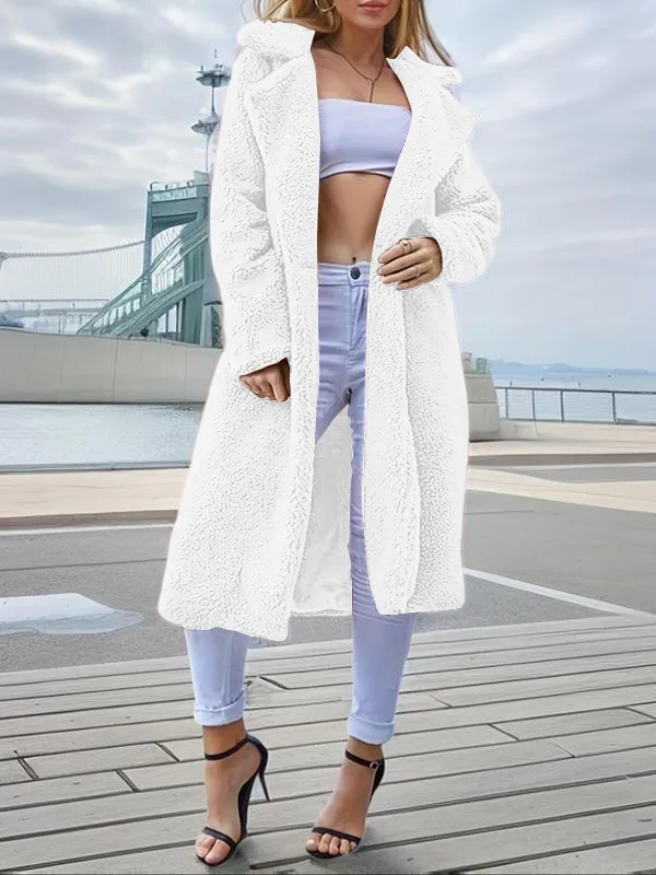 Women's Plain Pocket Button Front Faux Fur Coat