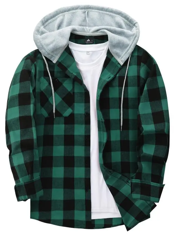 Men's Plaid Print Button Front Drawstring Hooded Shirt, Regular Fit Casual Pocket Long Sleeve Outerwear