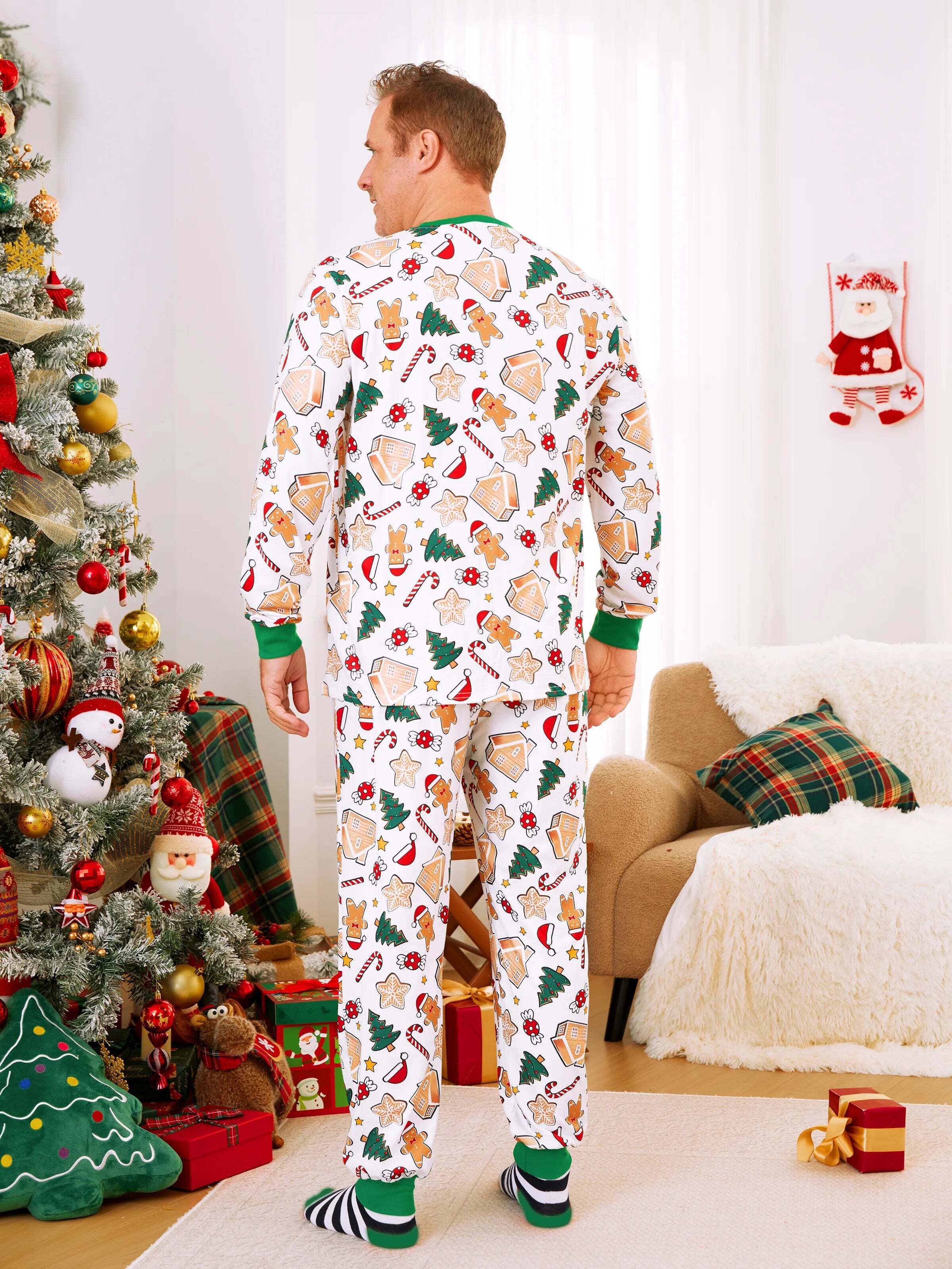 Gingerbread House Pajamas Matching Family Green Christmas PJs Sets with Christmas Socks Multi-color