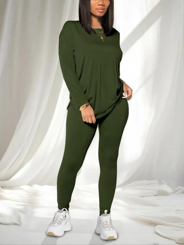 Women's Solid Drop Shoulder Tee & Elastic Waist Skinny Pants Two-piece Set