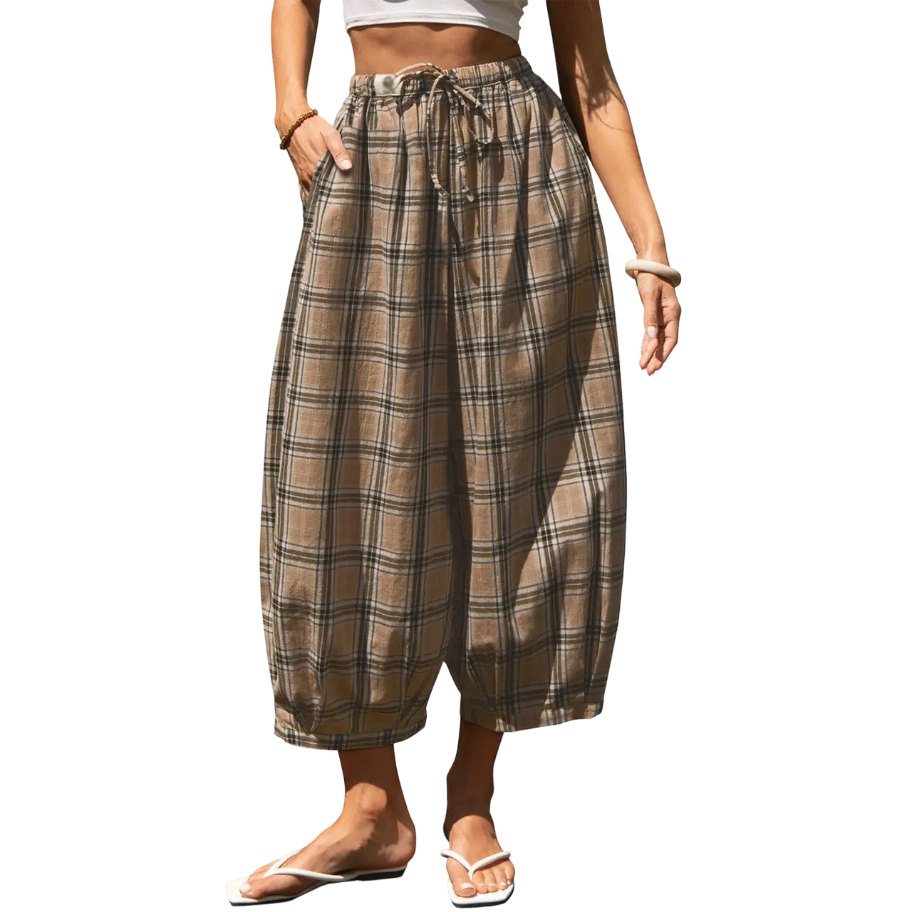 Women's Cotton Linen Wide-Leg Boho Pants with Pockets