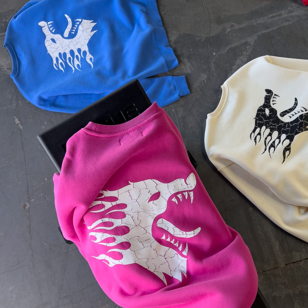 OVERSIZED LUX WAR WOLF CREW NECK - PINK / WHITE