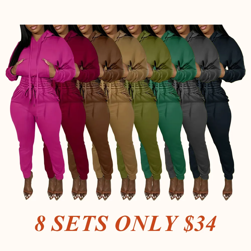 Womens 2 Piece Outfits Lounge Hoodie Shirred Waist Pocket Design Sweatshirt