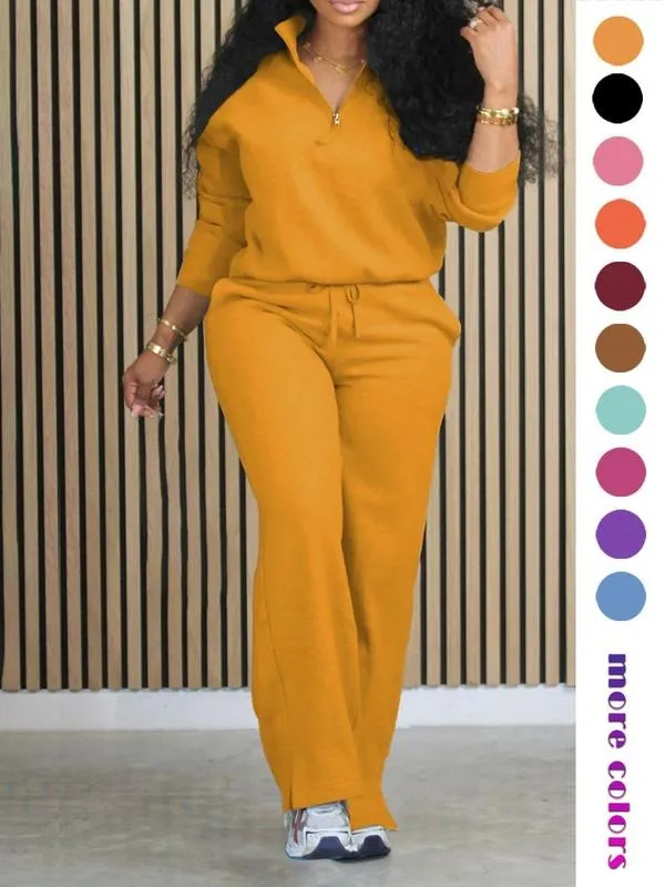 Women's Solid Half Placket Split Hem Pants Set