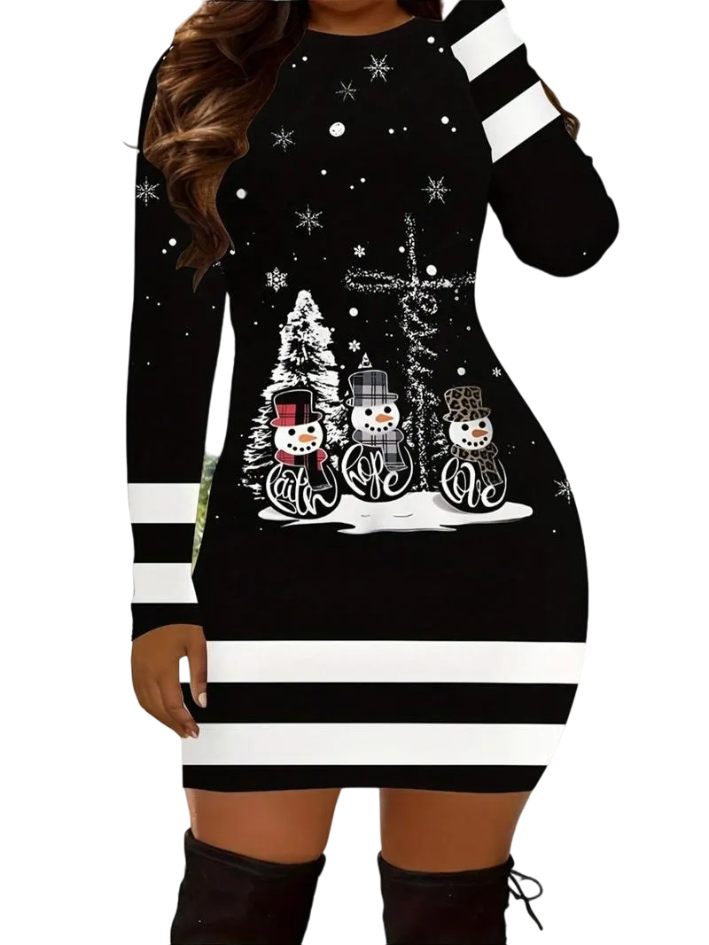 Women's Casual Christmas Print Striped Slim Fit Dress