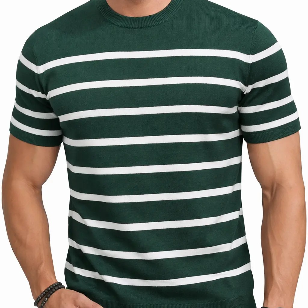 Unisex Retro Striped Knitted T-Shirt – Vintage Crew Neck Summer Basic