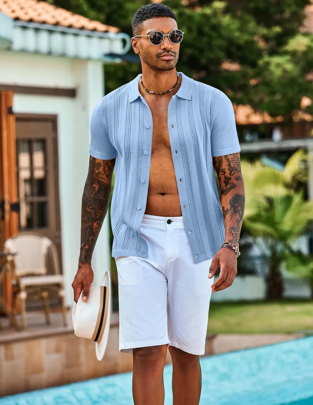 Men's Knit Shirts Short Sleeve Casual Button Down Polo Shirt Summer Beach Vacation Shirts Outfit Top