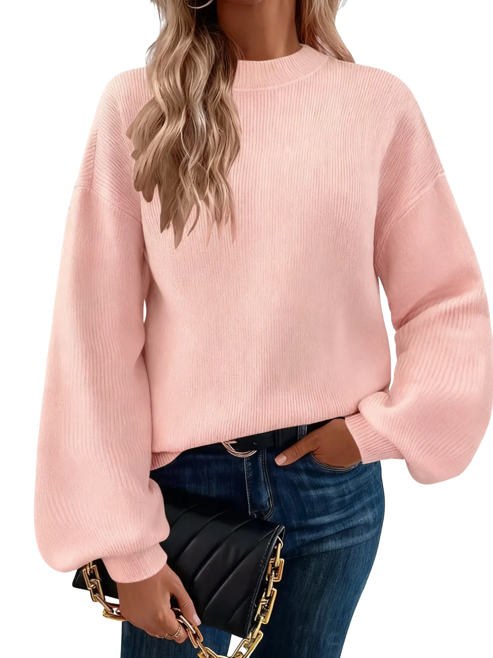 Women's high-neck long-sleeved loose lantern knit sweater