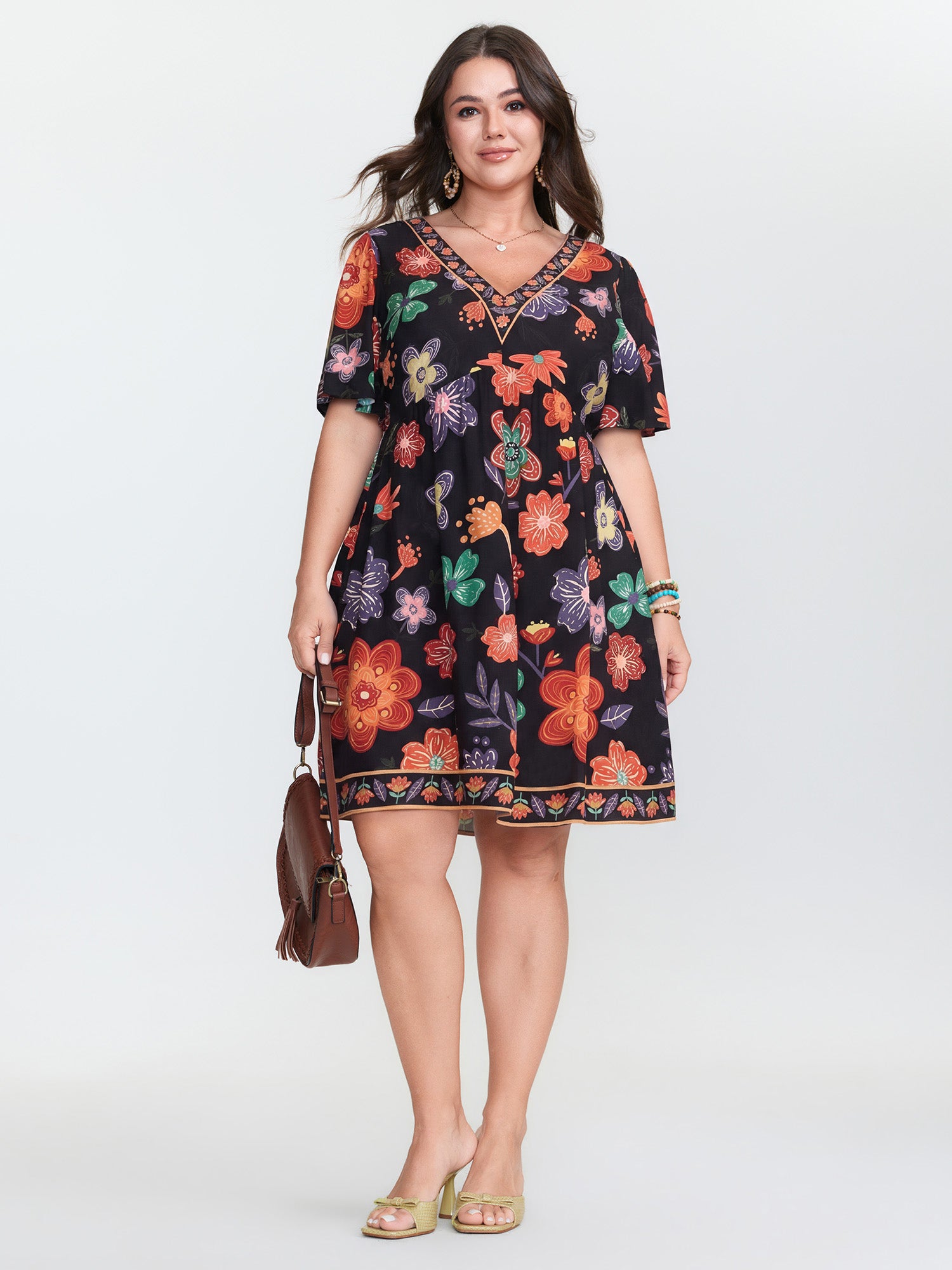 Colorful Floral Print V-Neck Mini Dress