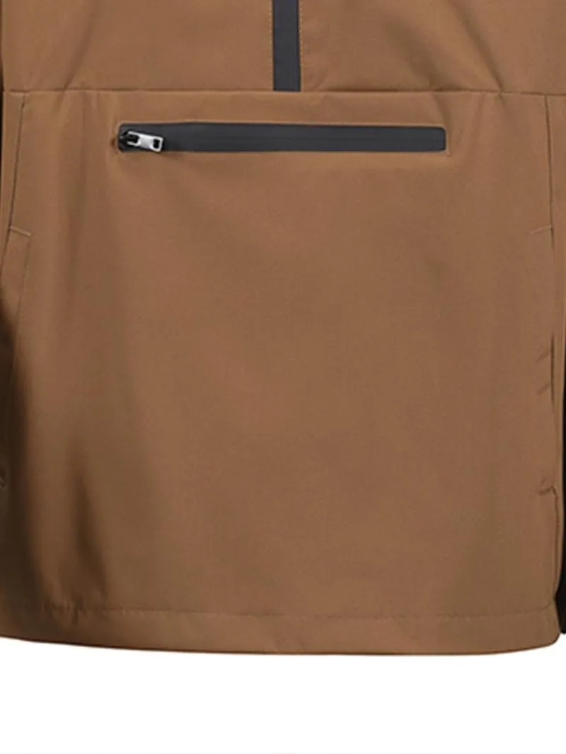 One black half-zip pullover with hoodie, outdoor camping style, large pockets, made of stain-resistant fabric