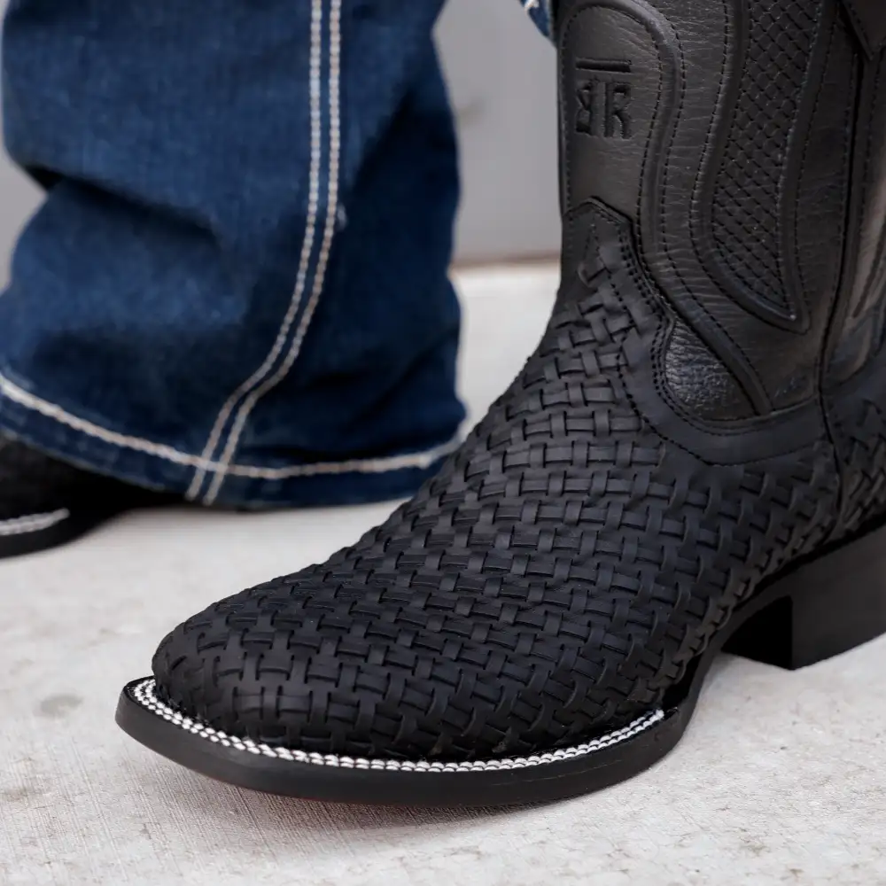 Black Basketweave Leather Boots - Square Toe