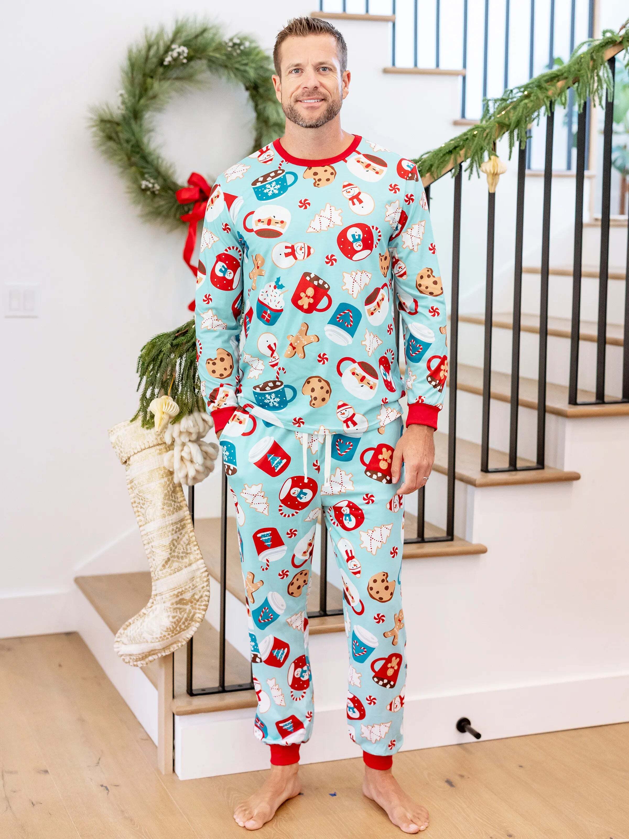 Christmas Matching Family Pajamas Set Gingerbread Print Blue and Red PJS with Christmas Socks Light Blue