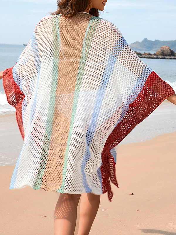 Hollow Striped Sun Protection Batwing Sleeves Loose V-Neck Beach Cover-Up