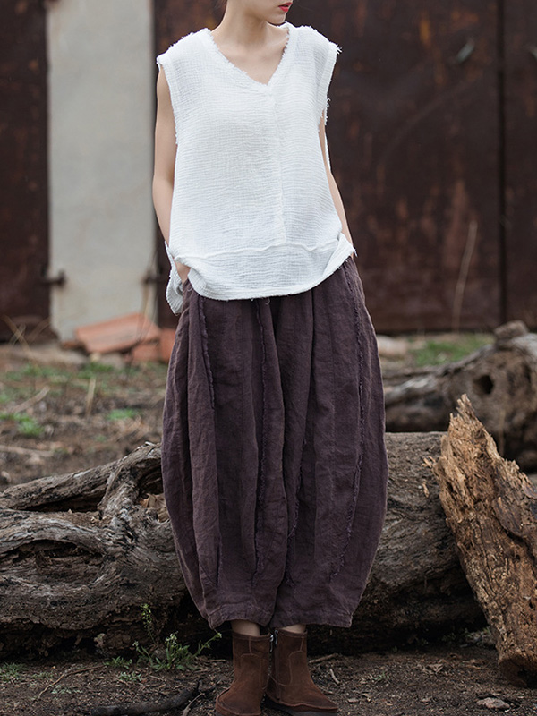 Fringed Pleated Solid Color Split-Joint Loose Sleeveless V-Neck Vest Top