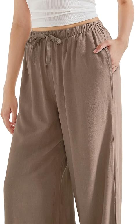 Women’s Wide Leg Linen Palazzo Pants – High Waist Lounge Pants with Pockets