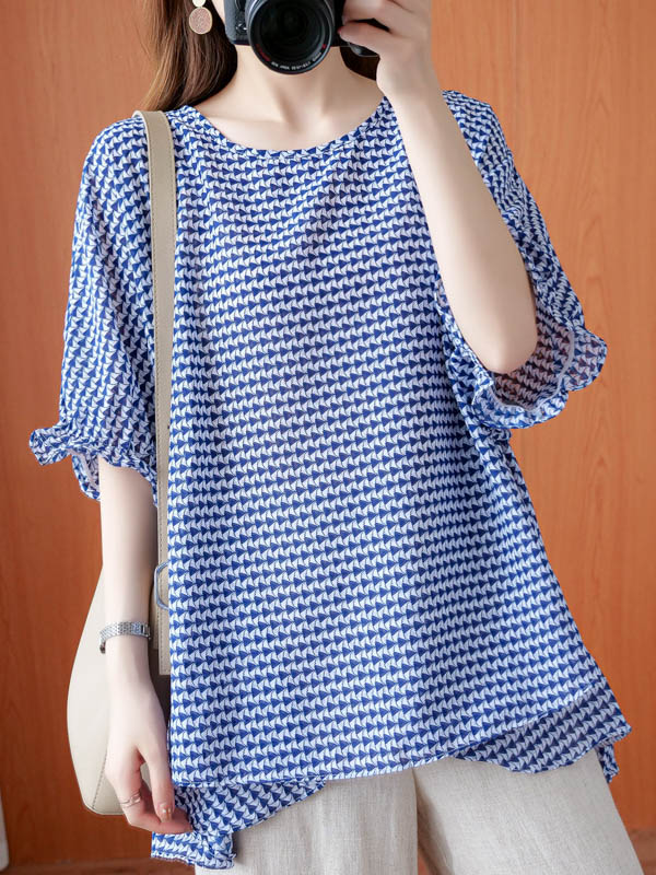 Casual Split-Joint Plaid Round-Neck Batwing Sleeves T-Shirts