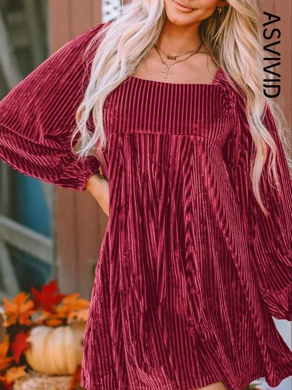 Women's Plain Bishop Sleeve Tie Back Square Neck Dress