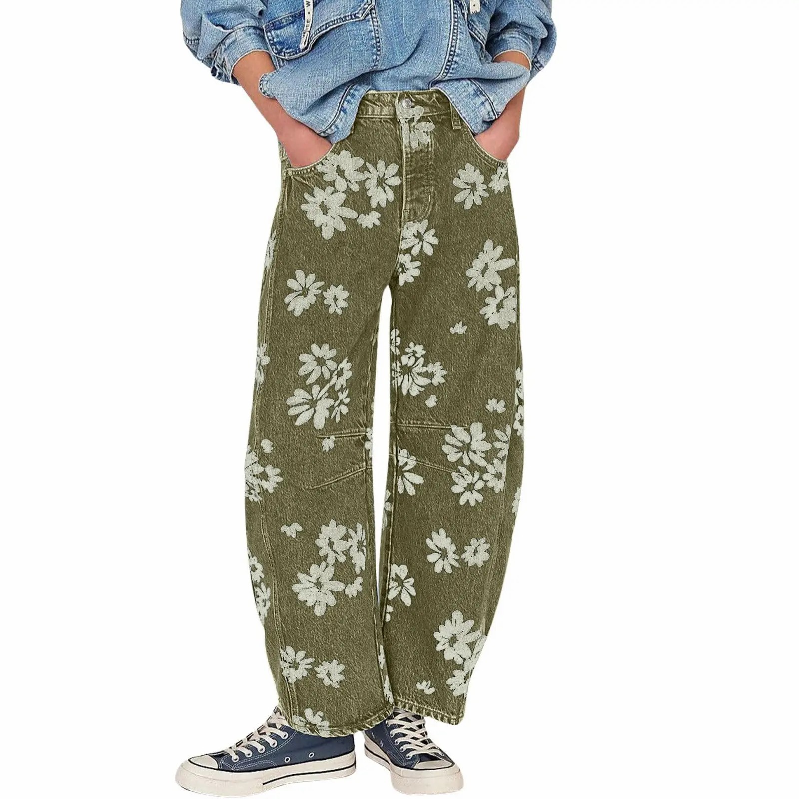 Women's Y2K Floral Printed Wide Leg Jeans – Loose Boyfriend Style Barrel Denim