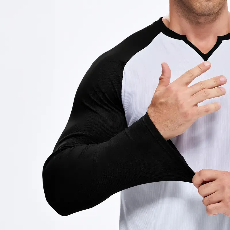 Mens Long Sleeve Muscle T Shirts Casual V-Neck Longline Ribbed Tee Shirts