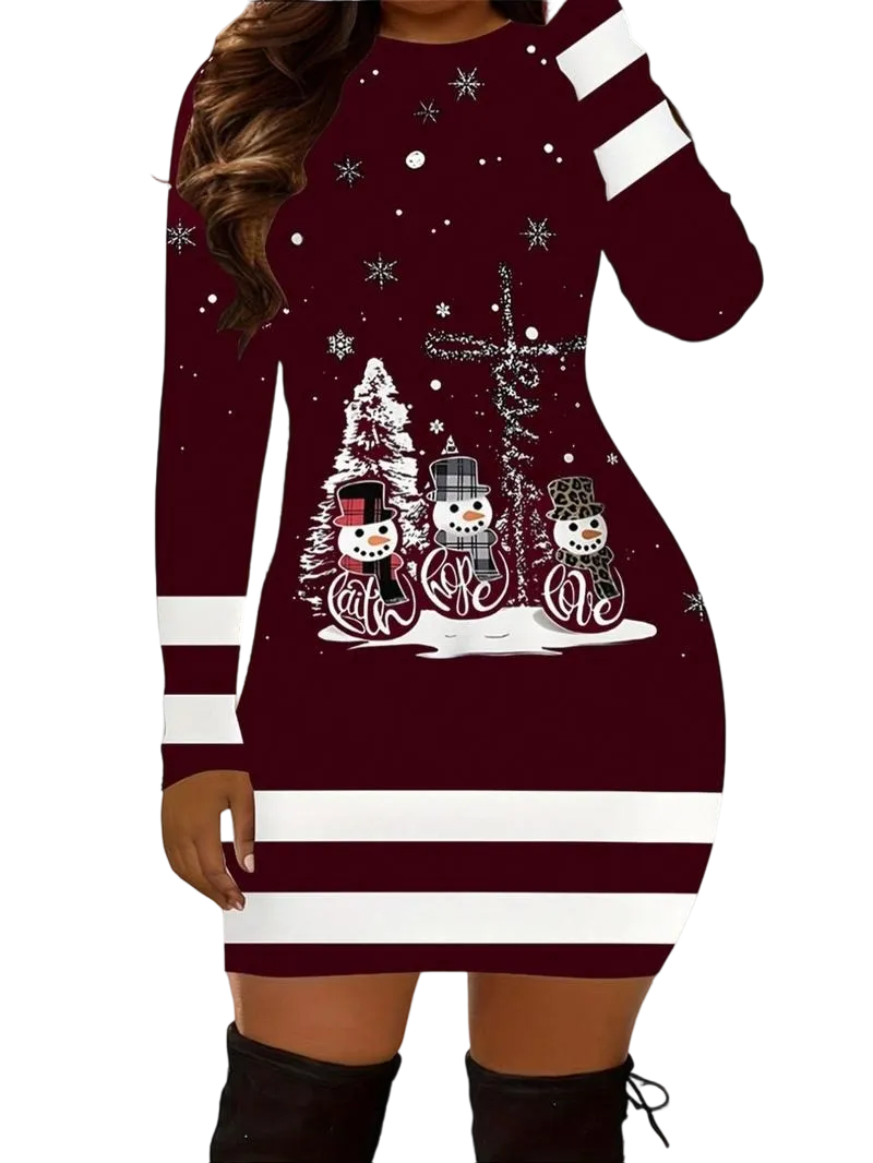 Women's Casual Christmas Print Striped Slim Fit Dress