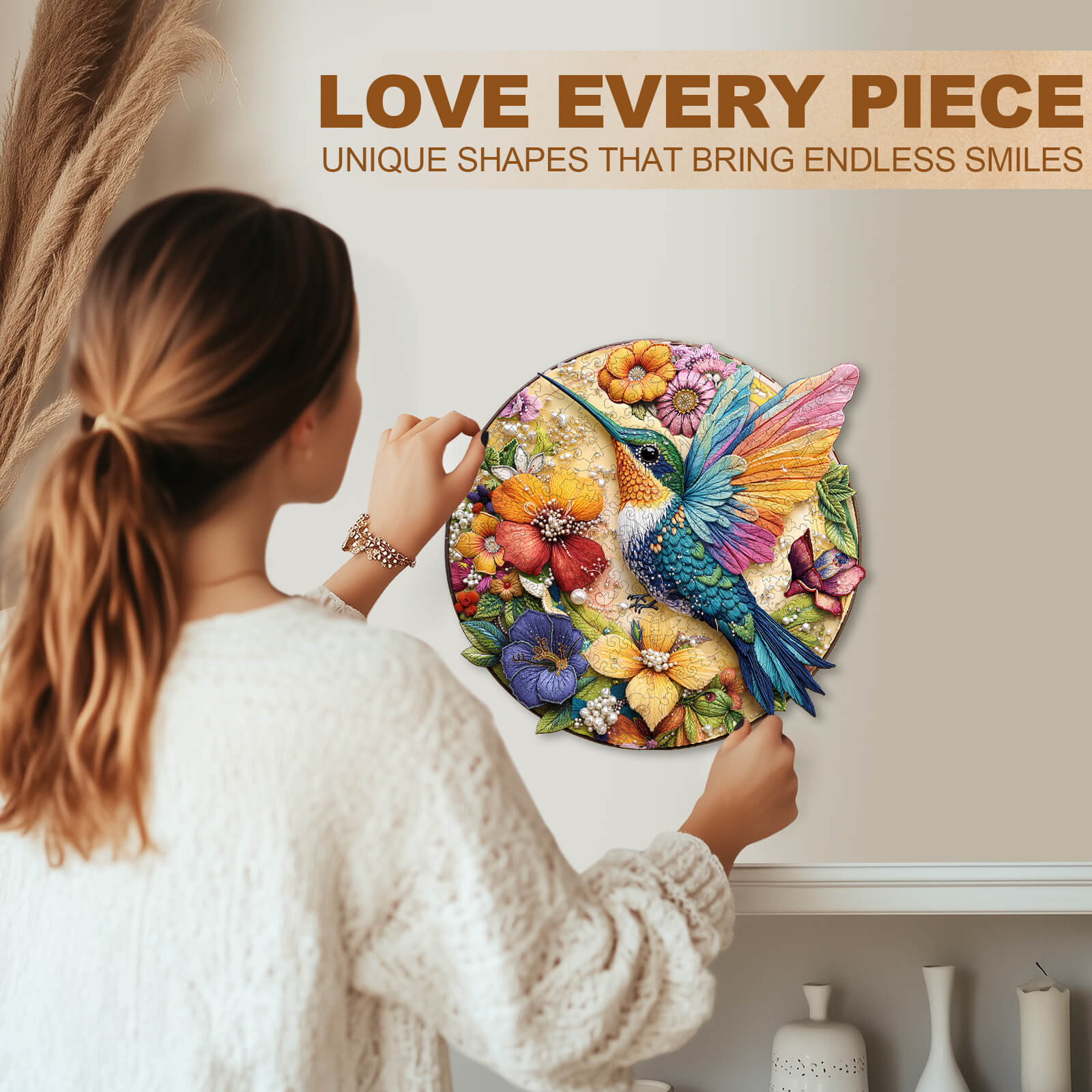 Hummingbird embroidery Wooden Jigsaw Puzzle