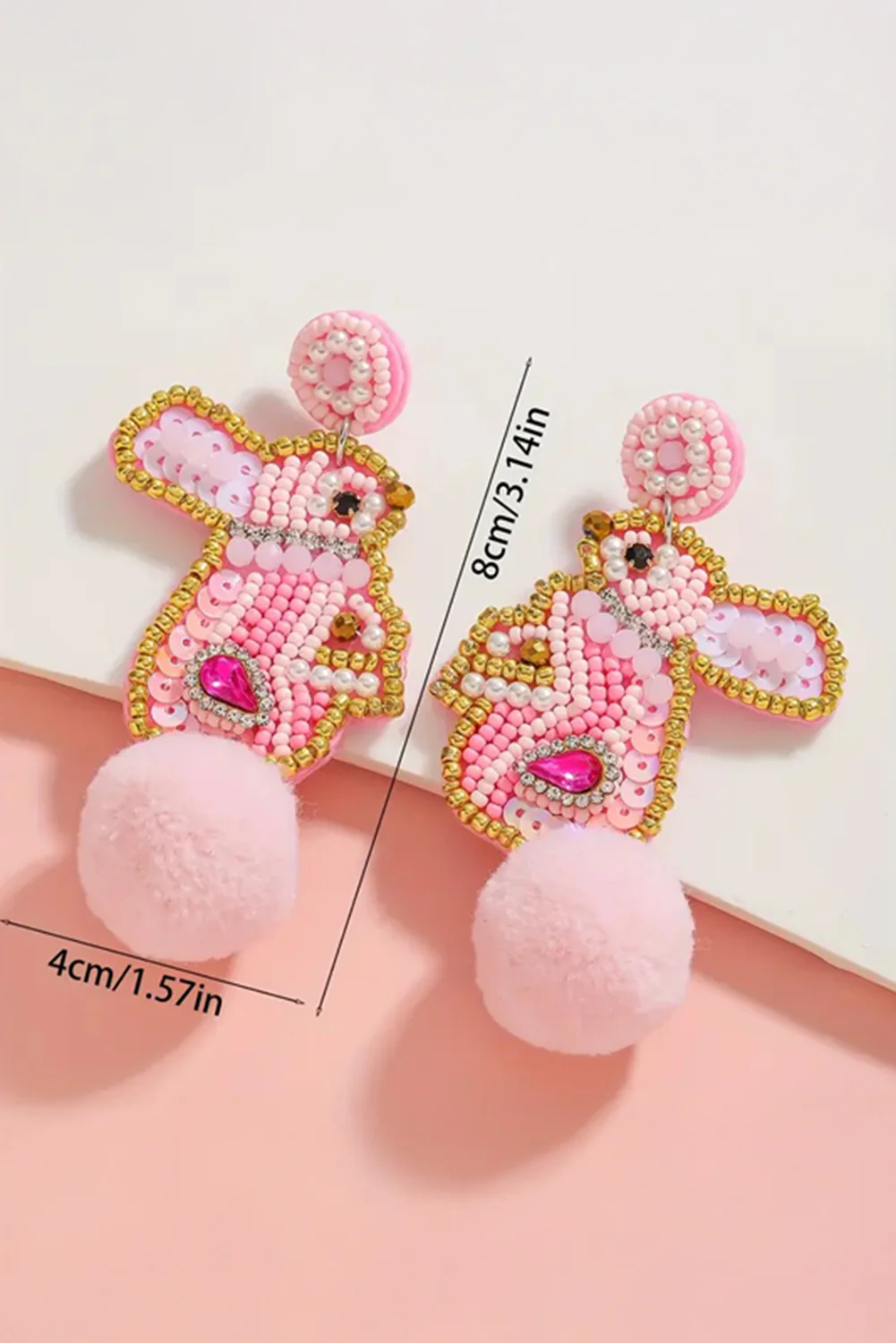 Pink Beaded Easter Bunny Fluff Stud Dangle Earrings