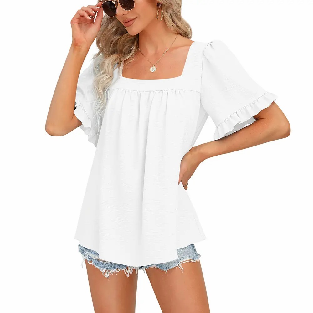 Women's Square Neck Peplum Blouse – Whimsical Ruffle Sleeve Cottagecore Top