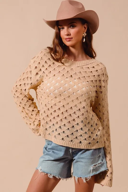 Geometric Pattern Open Knit Lightweight Sweater