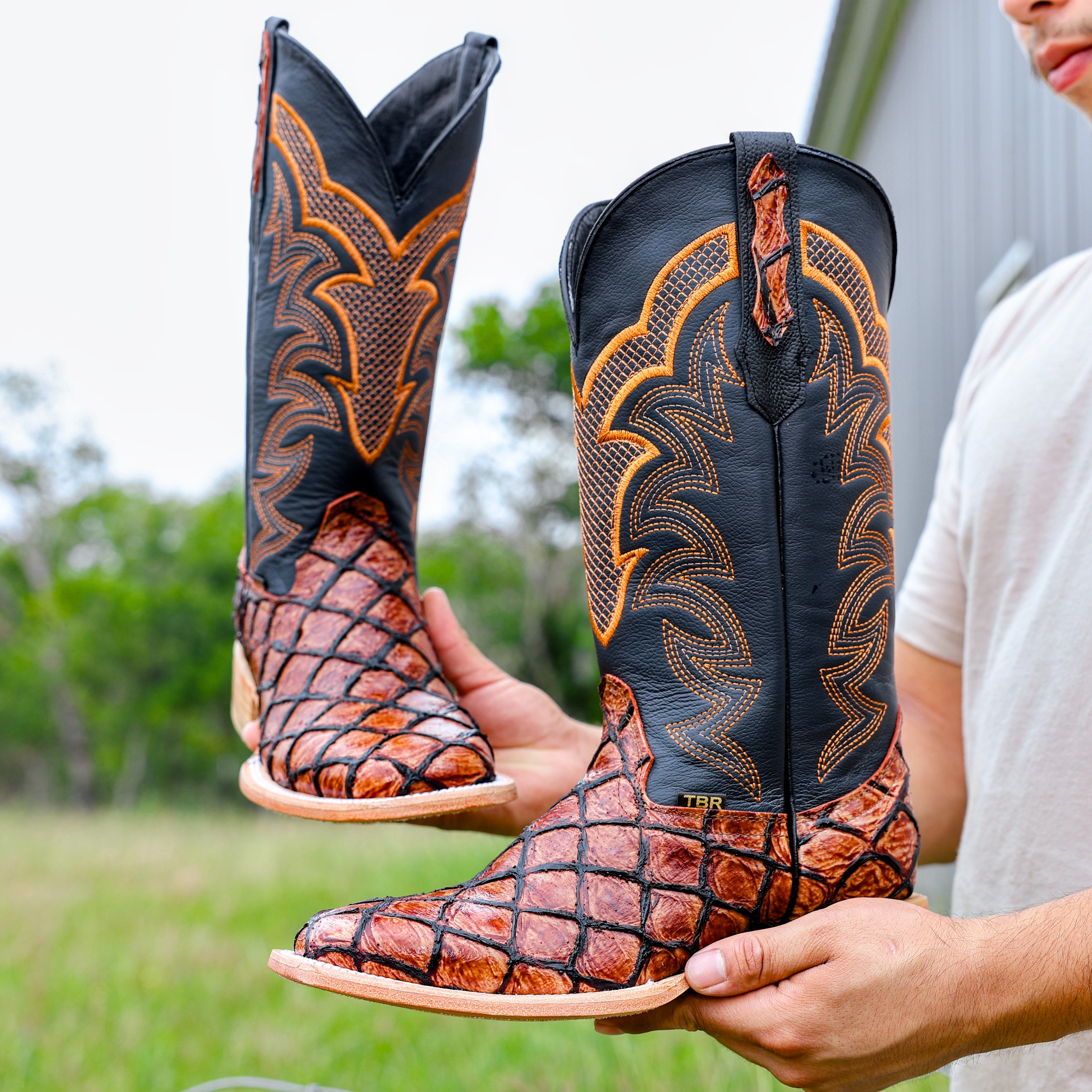 Cognac Pirarucu Leather Boots - Square Toe