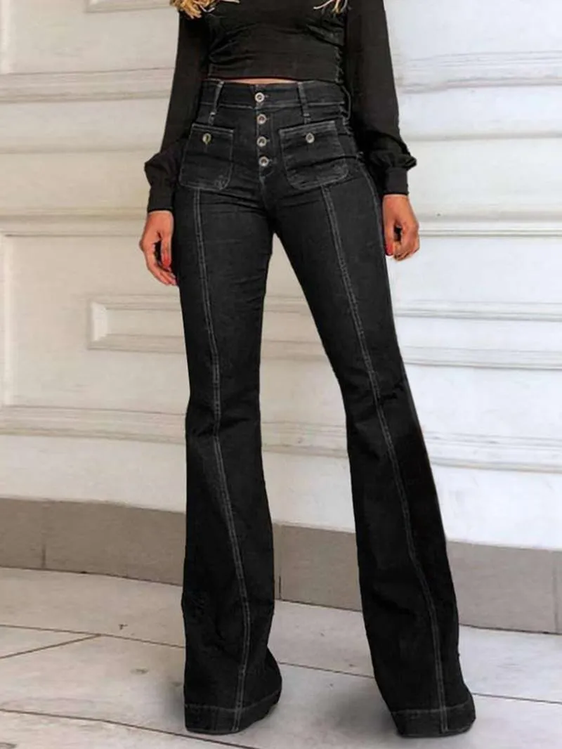 Women's Plain Button Pocket Flare Leg Jeans, Casual Bell Bottom Trousers for Daily Wear