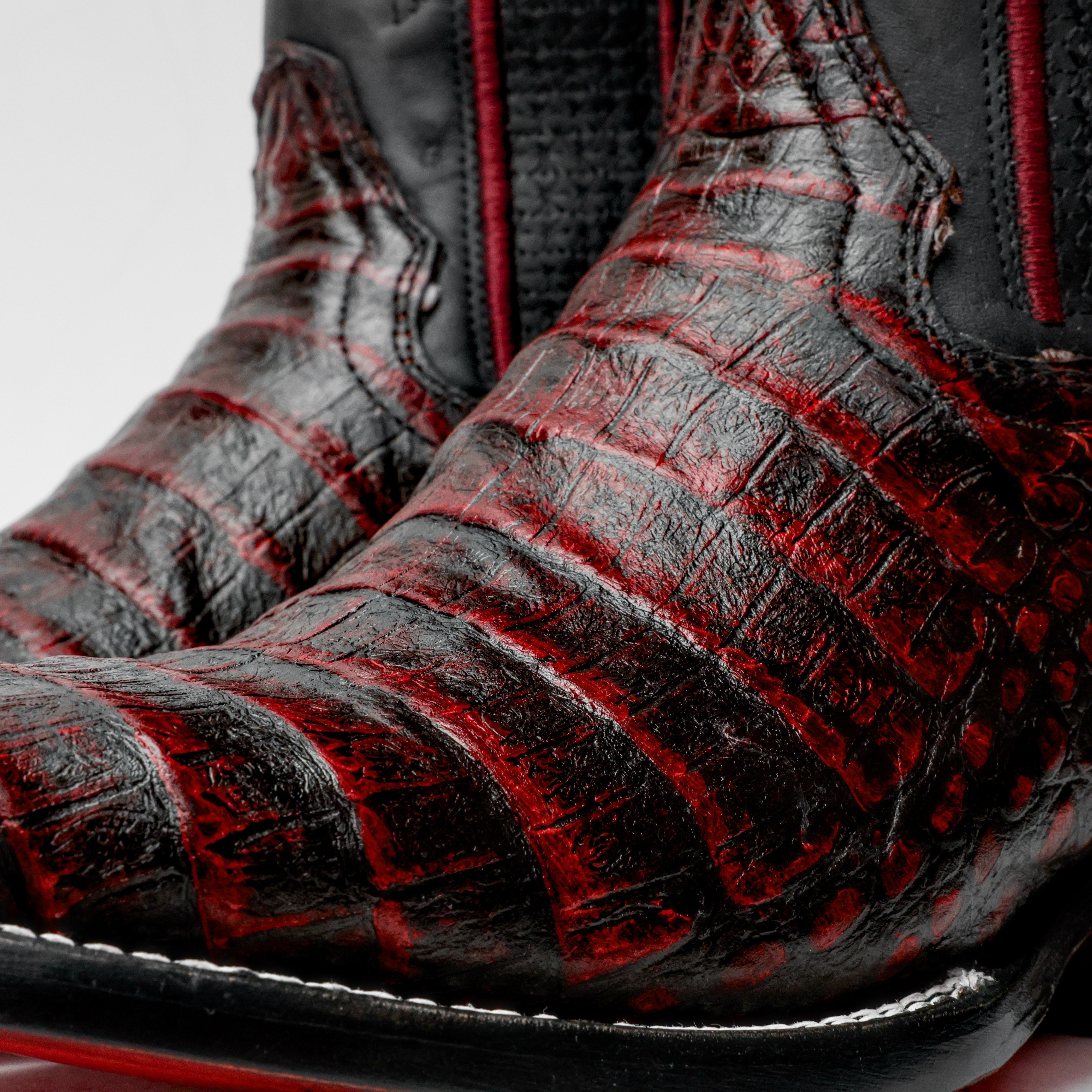 Black Cherry Caiman Belly Leather Boots - Square Toe