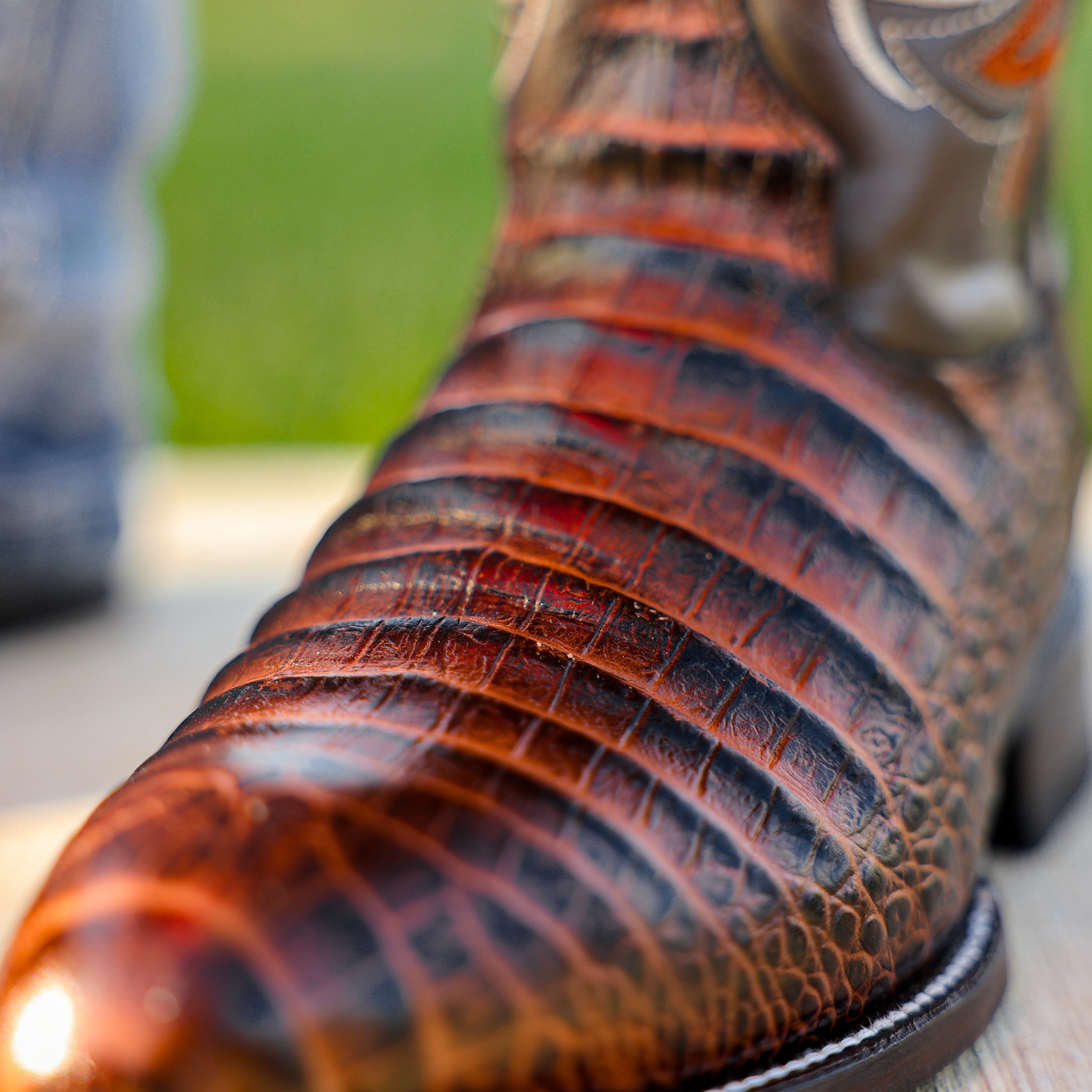 Cognac Caiman Belly Leather Boots - Round Toe