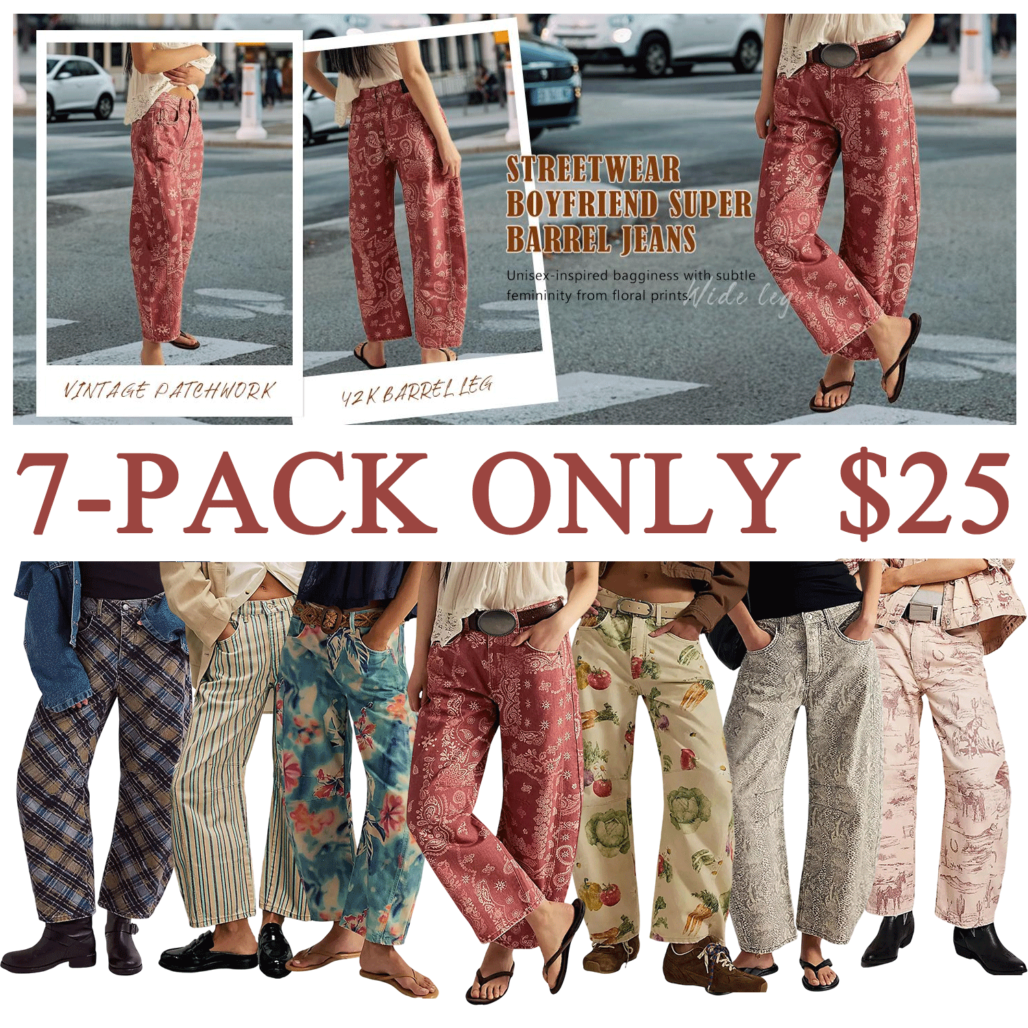 Women’s Printed Wide-Leg Denim Jeans – Y2K Loose Mid-Rise Boho Style