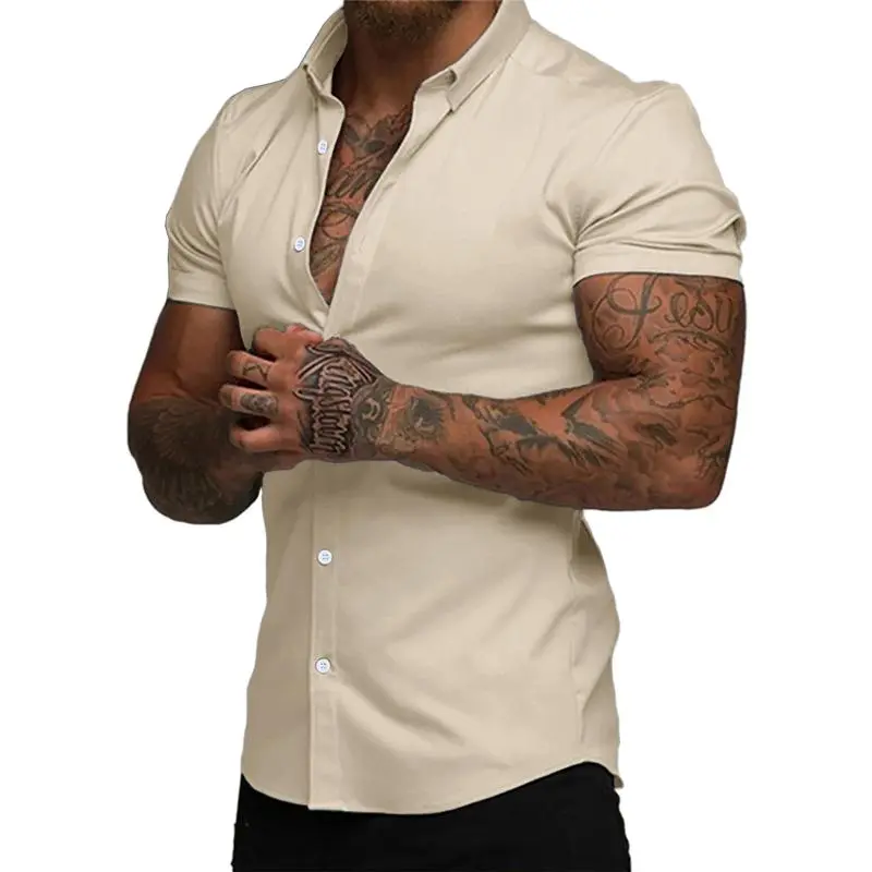 Mens Muscle Fit Dress Shirts Casual Button Down Shirt Short Sleeve Wrinkle-Free Shirts