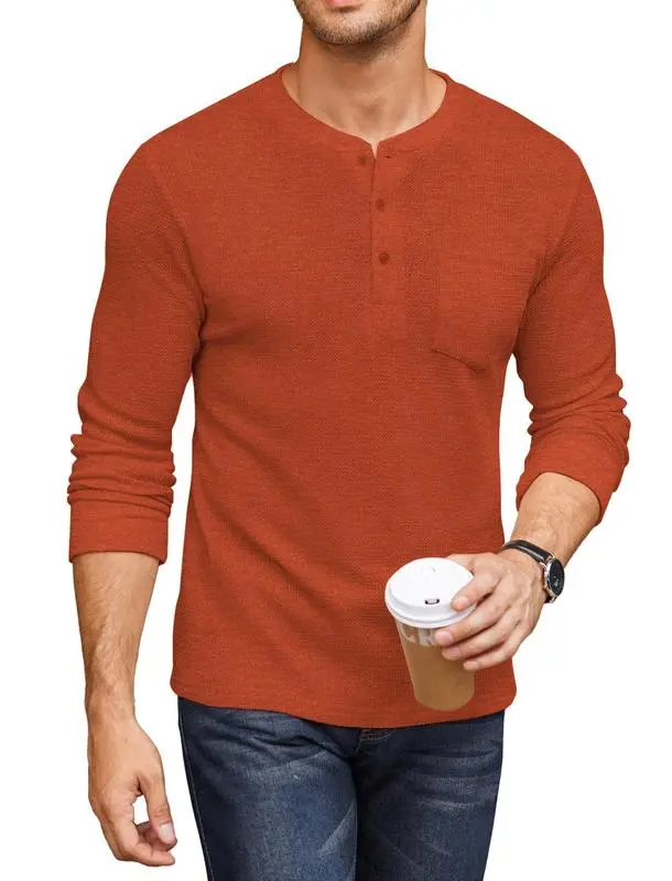 Men's Waffle Henley Long Sleeve Pocket Tee