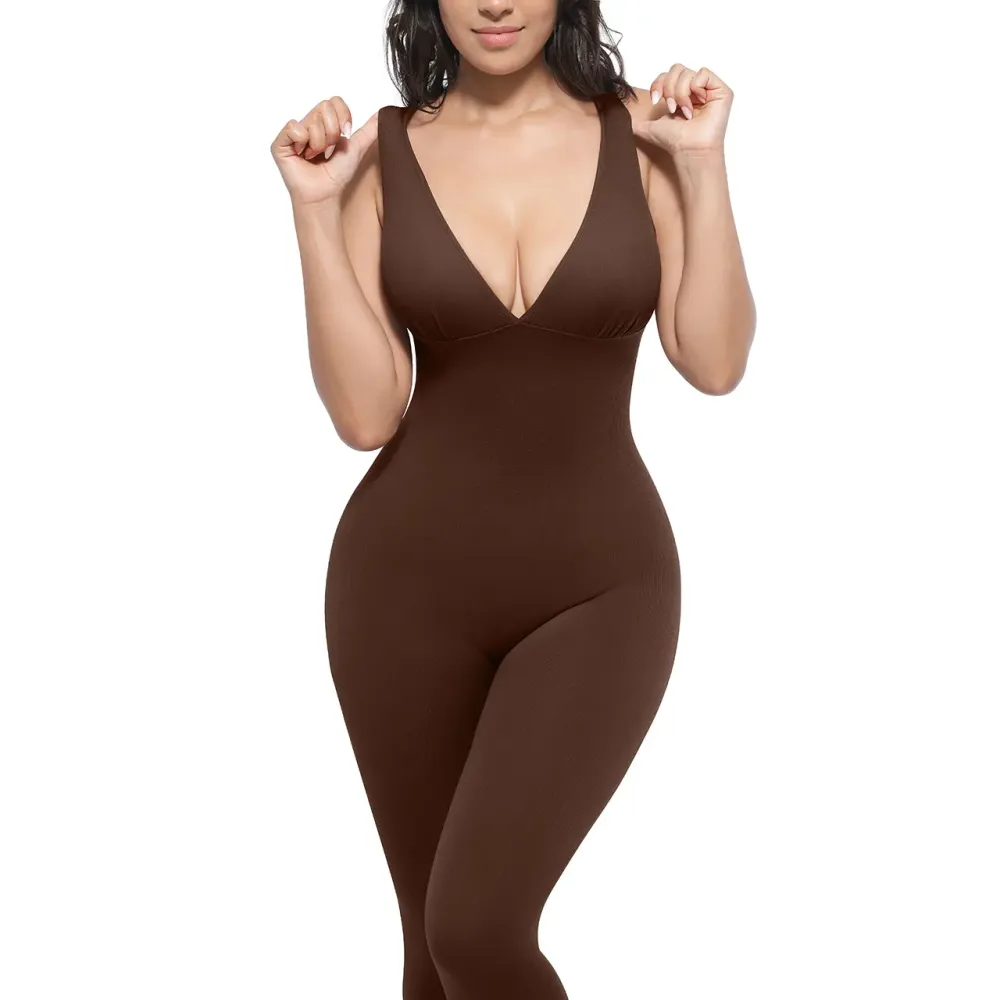 Deep V-neck shapewear bodysuit with breast support
