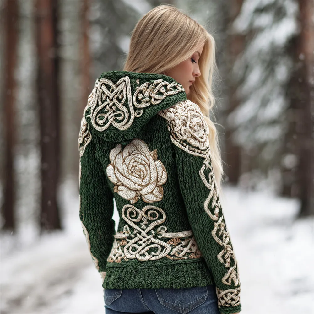 Celtic Knot & Rose Knit Art Women's Hooded Sweater