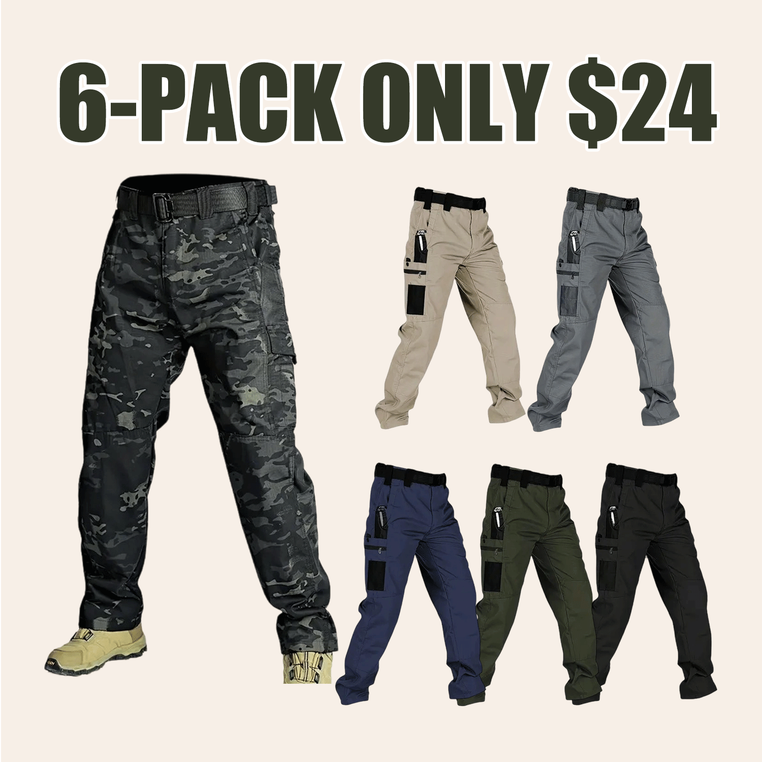 🔥🔥Men's Solid Color Tactical Work Pants with Multiple Pockets and Zipper Closures