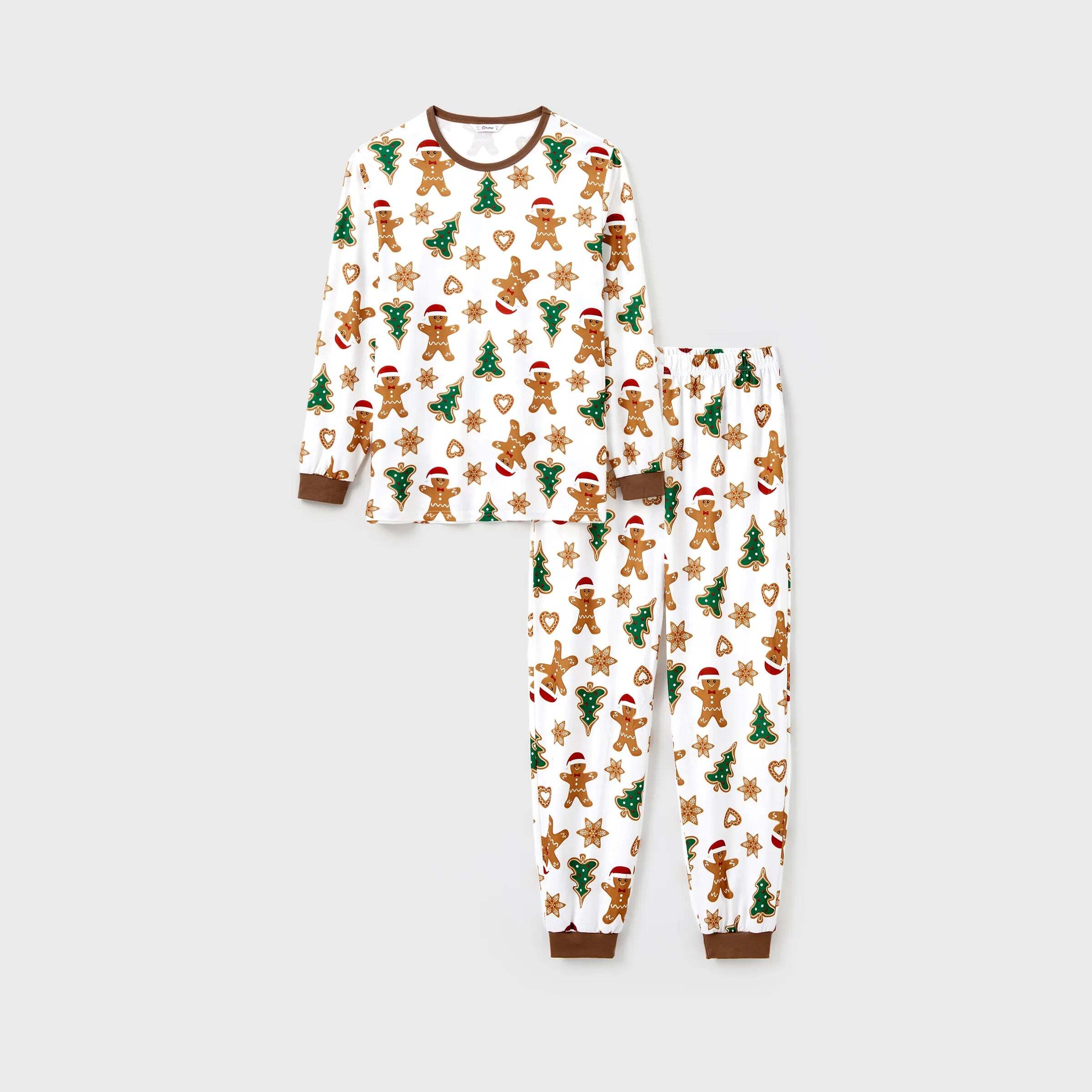 Christmas Family Matching Cartoon Gingerbread Man and Tree All-over Print Long-sleeve Pajamas Sets with Christmas Socks Coffee