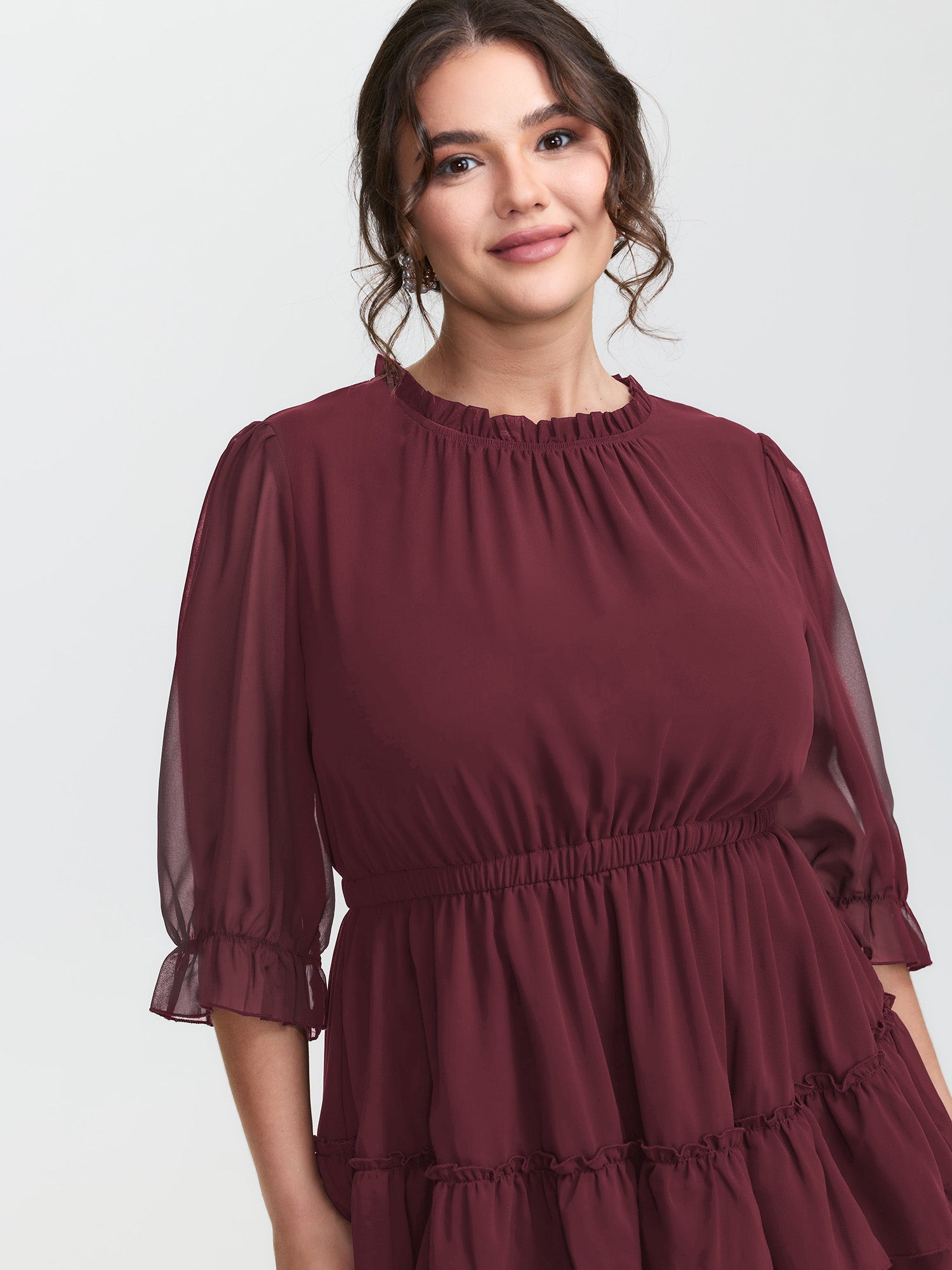 Three-Quarter Sleeve Tulle Skirt Knee-Length Dress